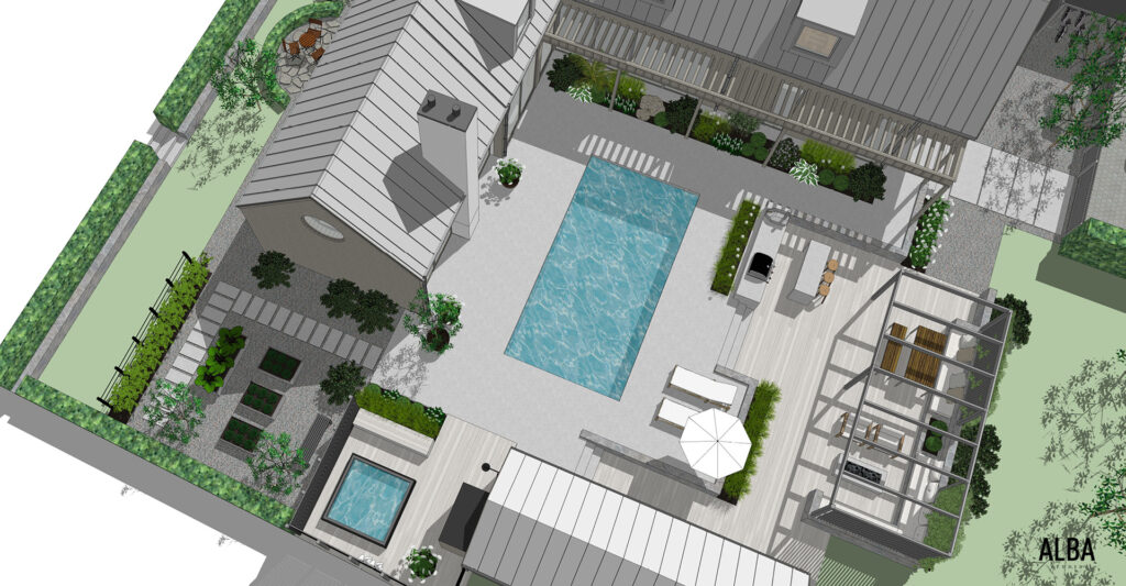 Villaträdgård, med pool, pergola, utespa, utekök, köksträdgård, loungegrupp