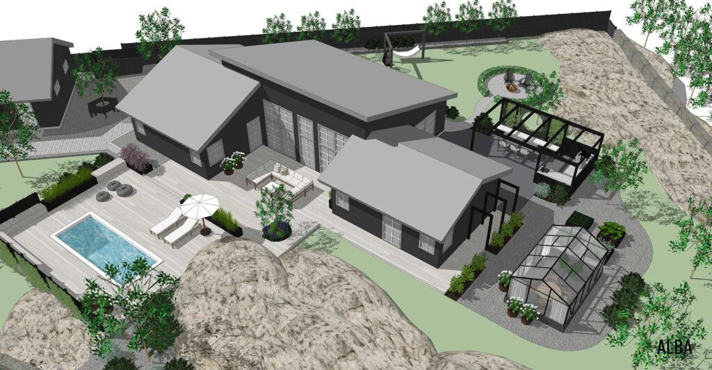 Villaträdgård i Asarum. Med hjälp av drönarbilder och digitala avstämningar har vi utfört detta projektet på distans.