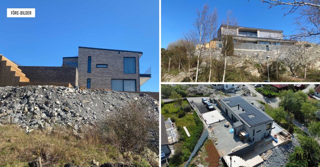 Villaträdgård i Hjuvik med pergola, pool, utespa, grillplats, planteringar och sociala ytor i trädgården. Branta sluttningar där vi jobbat med gabionmurar.