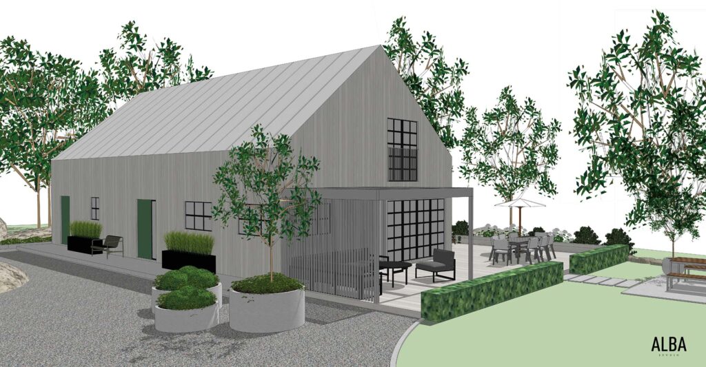 Villatradgard med pergola, matplats, utekok och planteringar