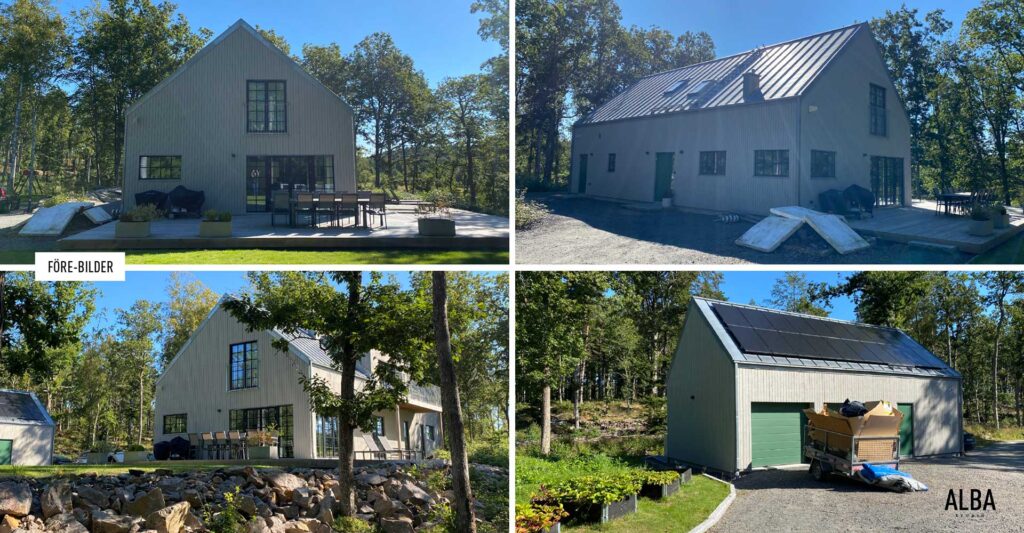 Villatradgard i Fjaras med uteplats. Pergola, matplats, utekok, loungegrupp och planteringar
