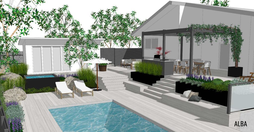 En utmanade tomt i sluttning. Altan i terassering, pool, utespa och matplats under en prunkande pergola.