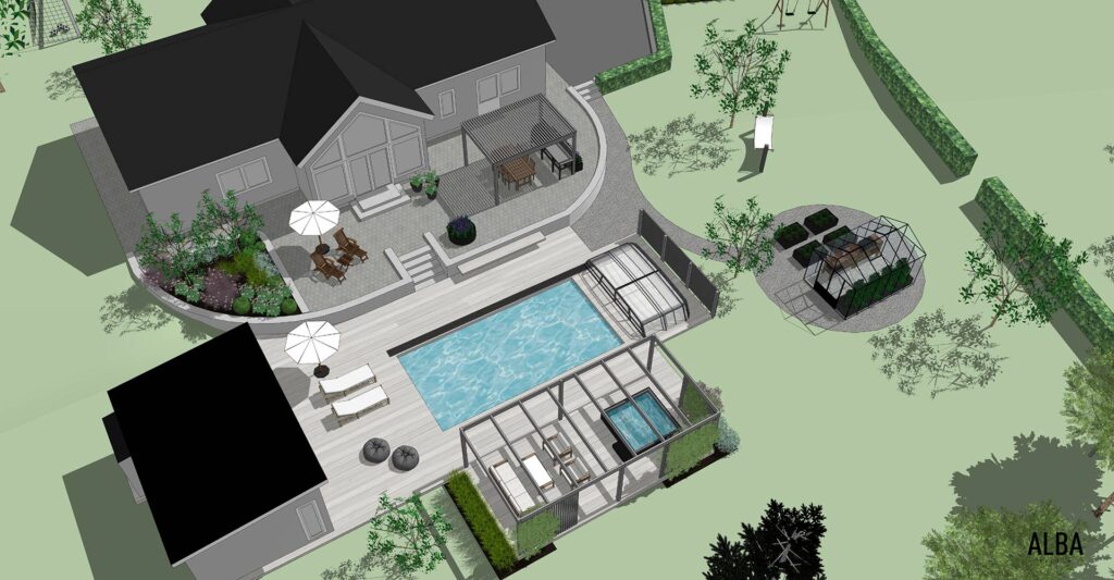 Från stor outnyttjad gräsmatta till skönt poolhäng. Dubbelpergola med loungegrupp och utespa, pool, matplats, attefallshus och utedusch.