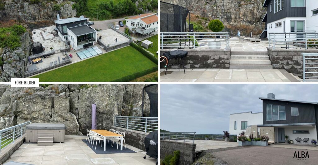 Villatradgard i Torslanda. Pool, pergola, matplats, utekök, utespa, lekplats och planteringar