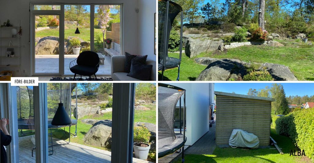 Villatradgard i Askim. Växthus, altan i terasering, sittbänkar och planteringar
