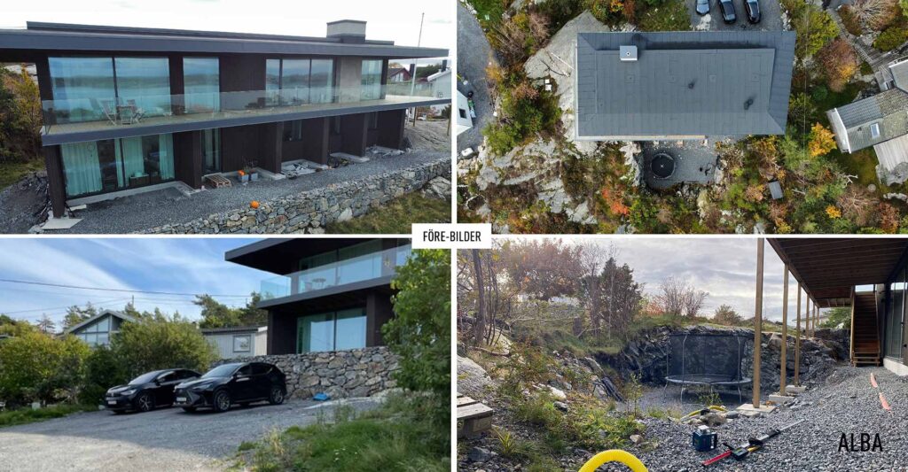 Villatradgard i Hastevik med pool, pergola och grillplats med eldstad. Em bergstomt