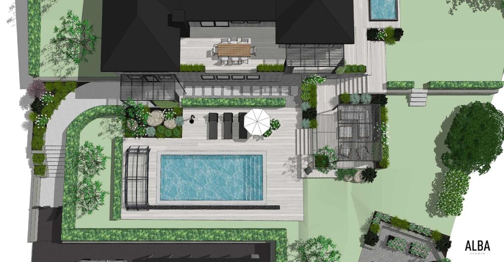 Villatradgard i Stenungssund. Pool, pergola, matplats, utekök, utespa