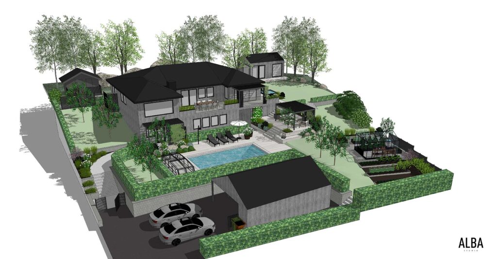 Villatradgard i Stenungssund. Pool, pergola, matplats, utekök, utespa