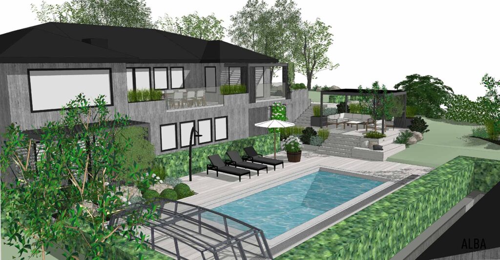 Villatradgard i Stenungssund. Pool, pergola, matplats, utekök, utespa