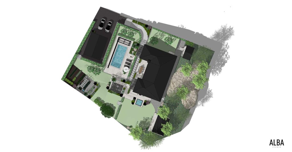 Villatradgard i Stenungssund. Pool, pergola, matplats, utekök, utespa, vaxthus