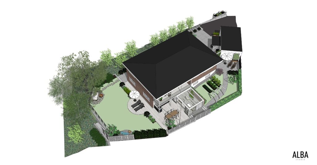 sutterangvilla i Grimmered. Tradgard i sluttning