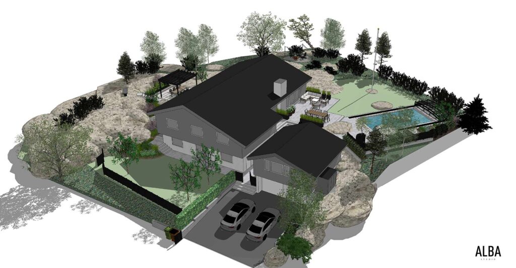 Bergtomt i Kullavik med pool, pergola, eldstad och loungegrupp.