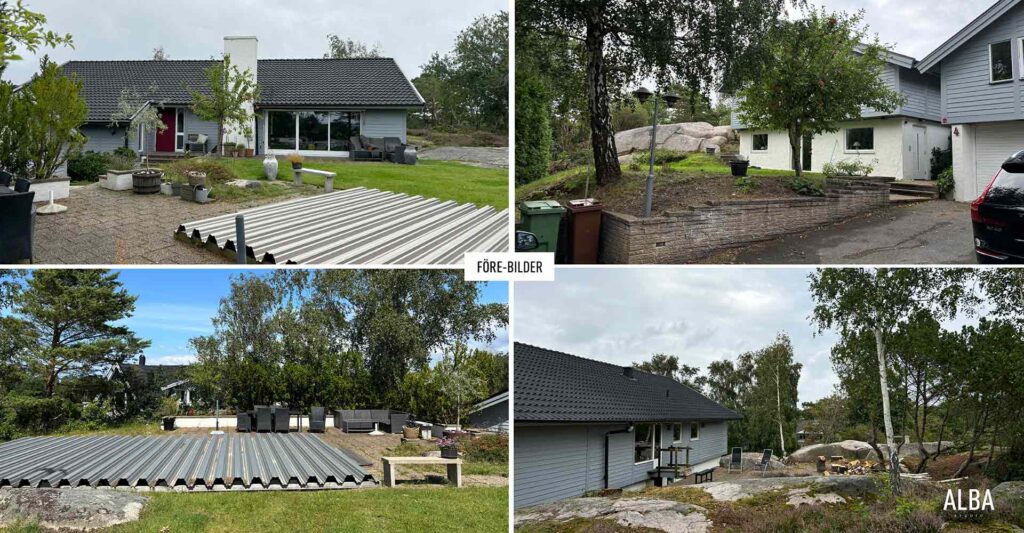 Bergstomt i kullavki med pool, pergola, eldstad och loungegrupp.